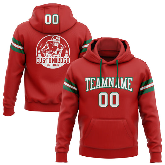 Custom Stitched Red White-Kelly Green Football Pullover Sweatshirt Hoodie - Main View