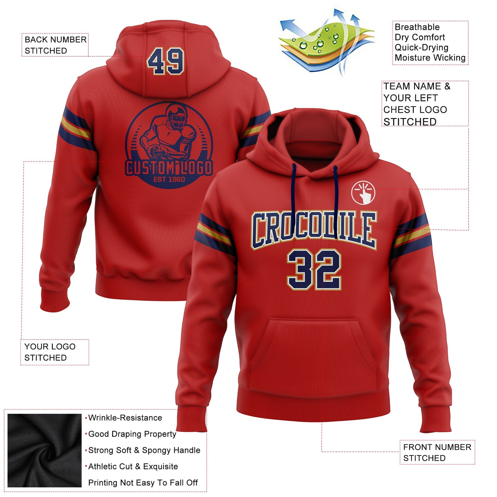 Custom Stitched Red Navy-Old Gold Football Pullover Sweatshirt Hoodie view 2