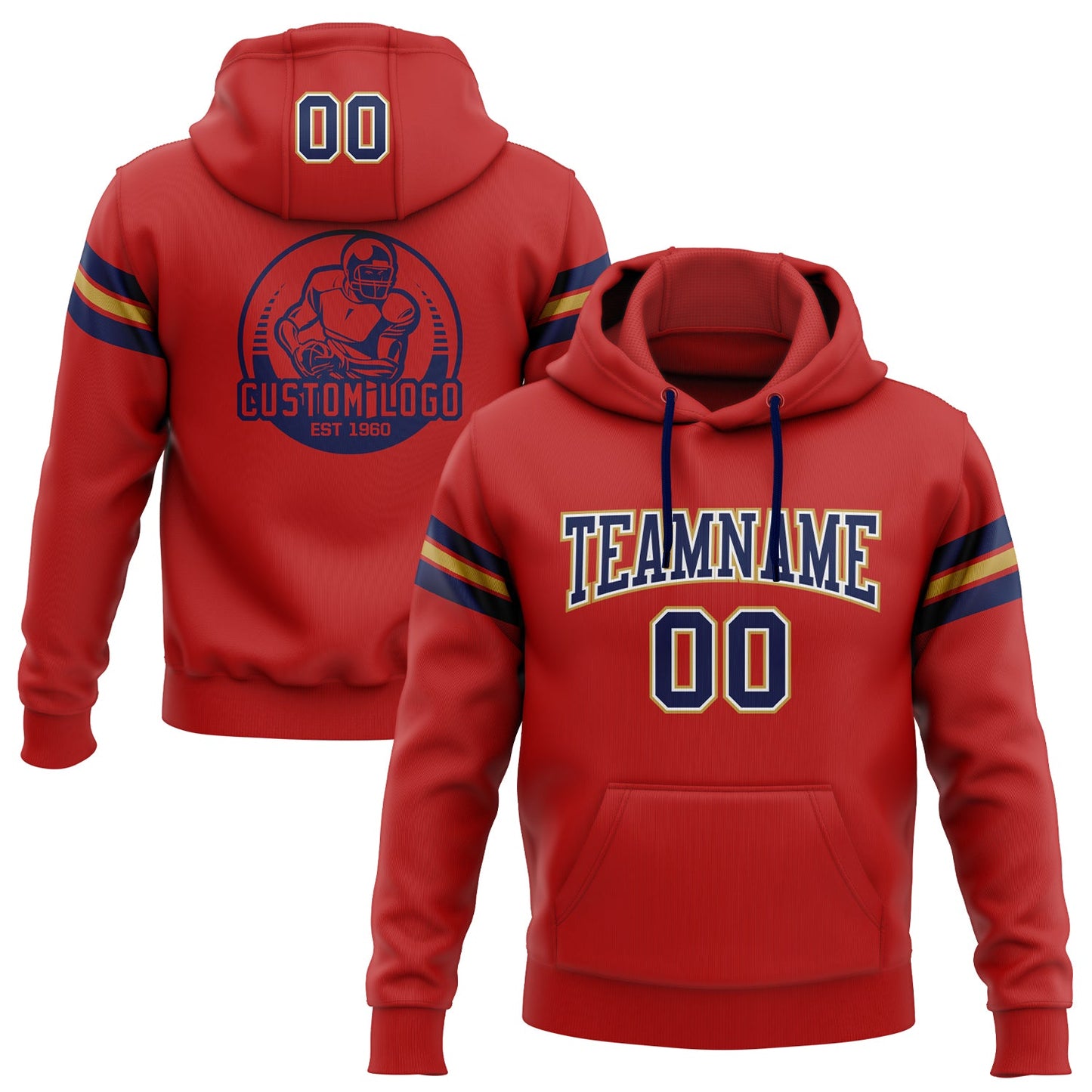 Custom Stitched Red Navy-Old Gold Football Pullover Sweatshirt Hoodie - Main View