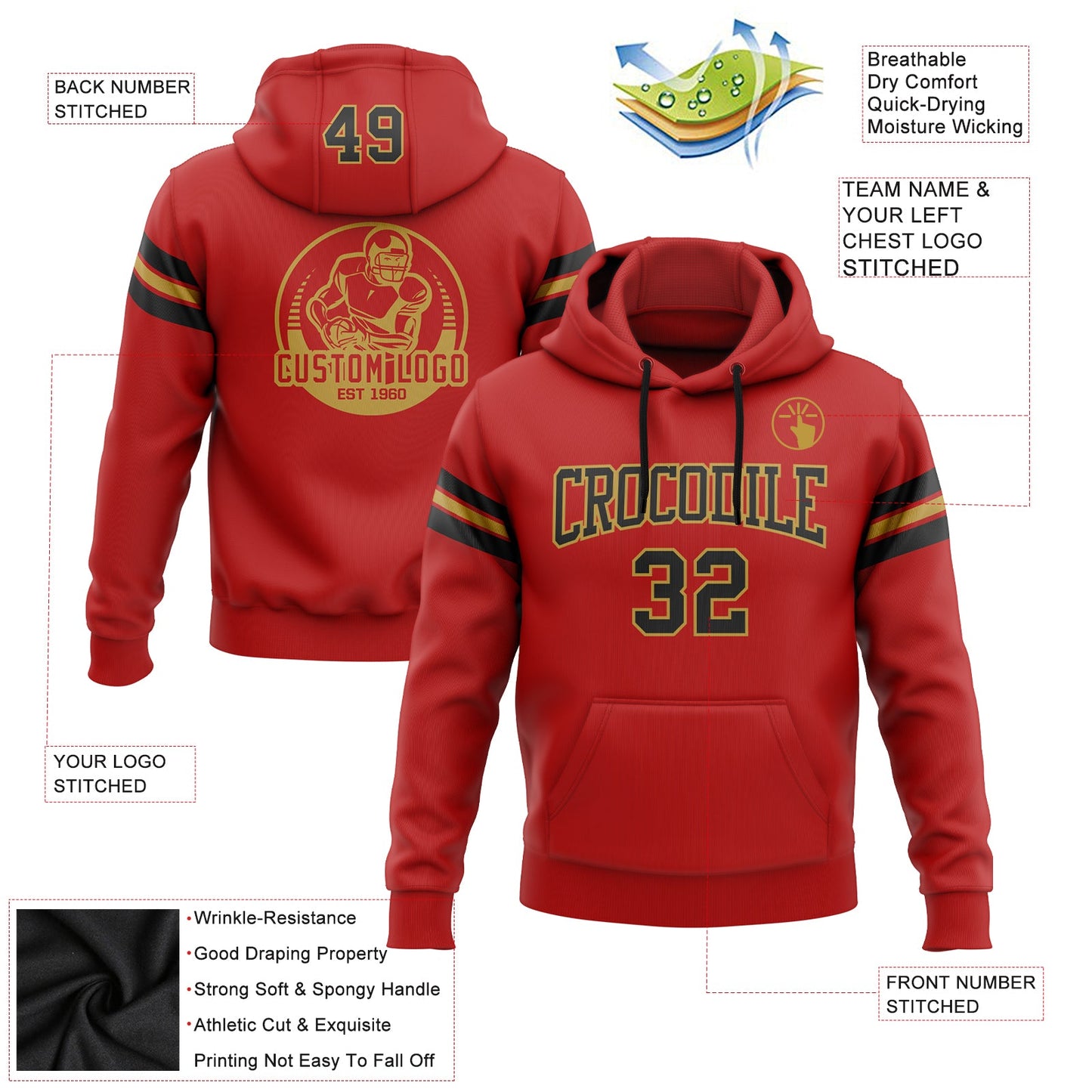 Custom Stitched Red Black-Old Gold Football Pullover Sweatshirt Hoodie view 2