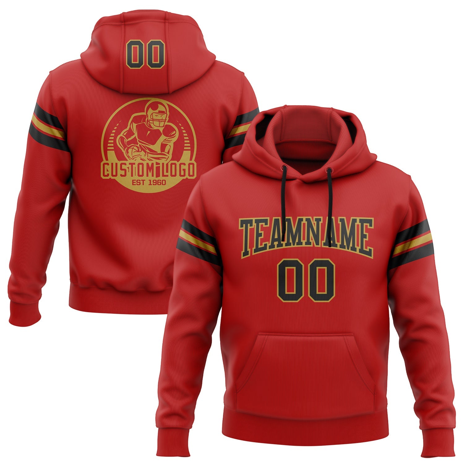 Custom Stitched Red Black-Old Gold Football Pullover Sweatshirt Hoodie - Main View