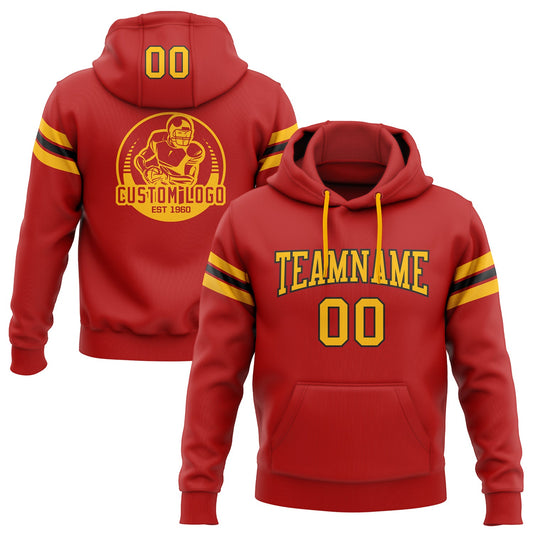 Custom Stitched Red Gold-Black Football Pullover Sweatshirt Hoodie - Main View