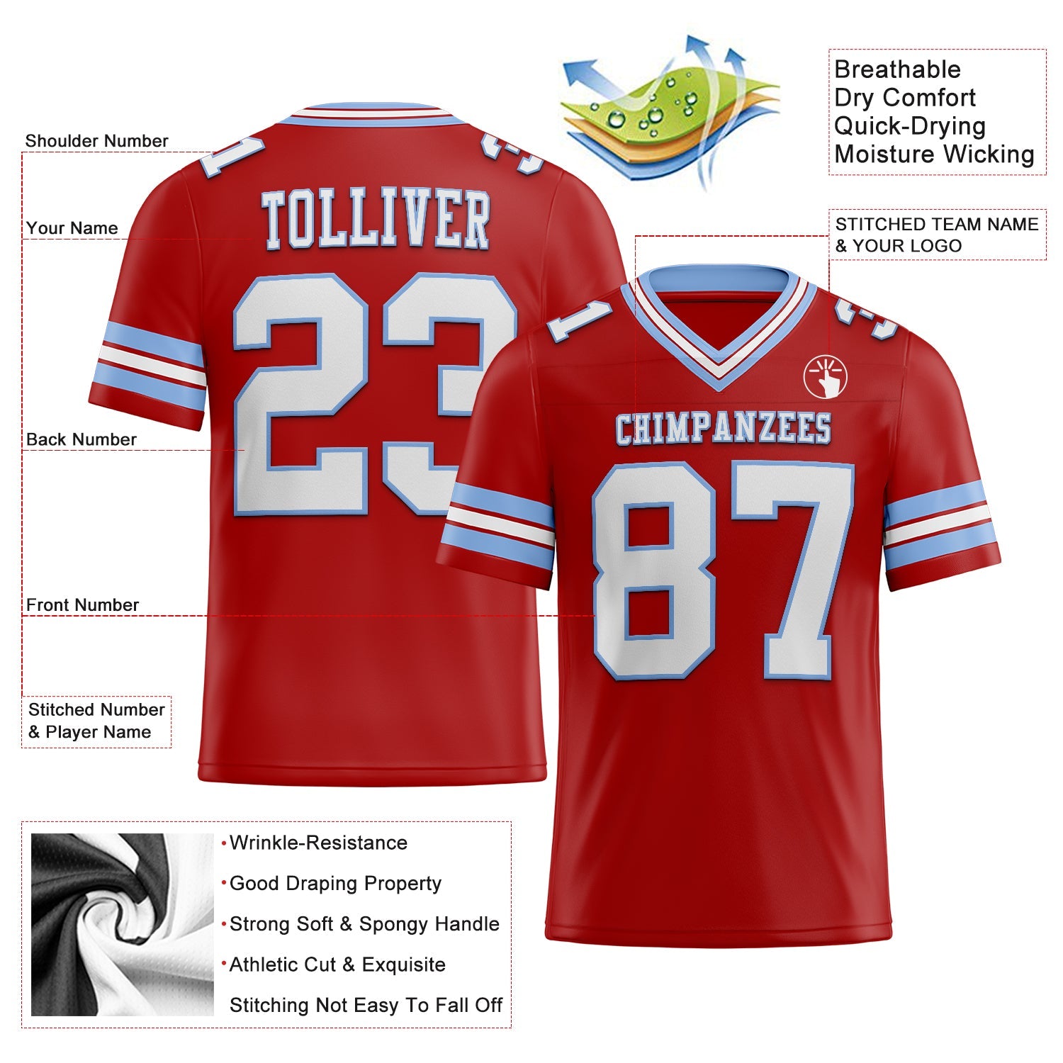 Custom Red White-Light Blue Authentic Football Jersey view 2