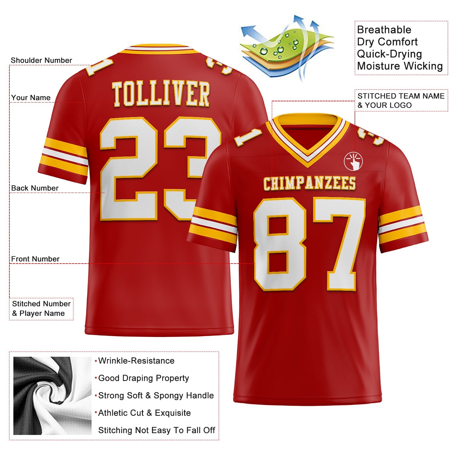 Custom Red White-Gold Authentic Football Jersey view 2