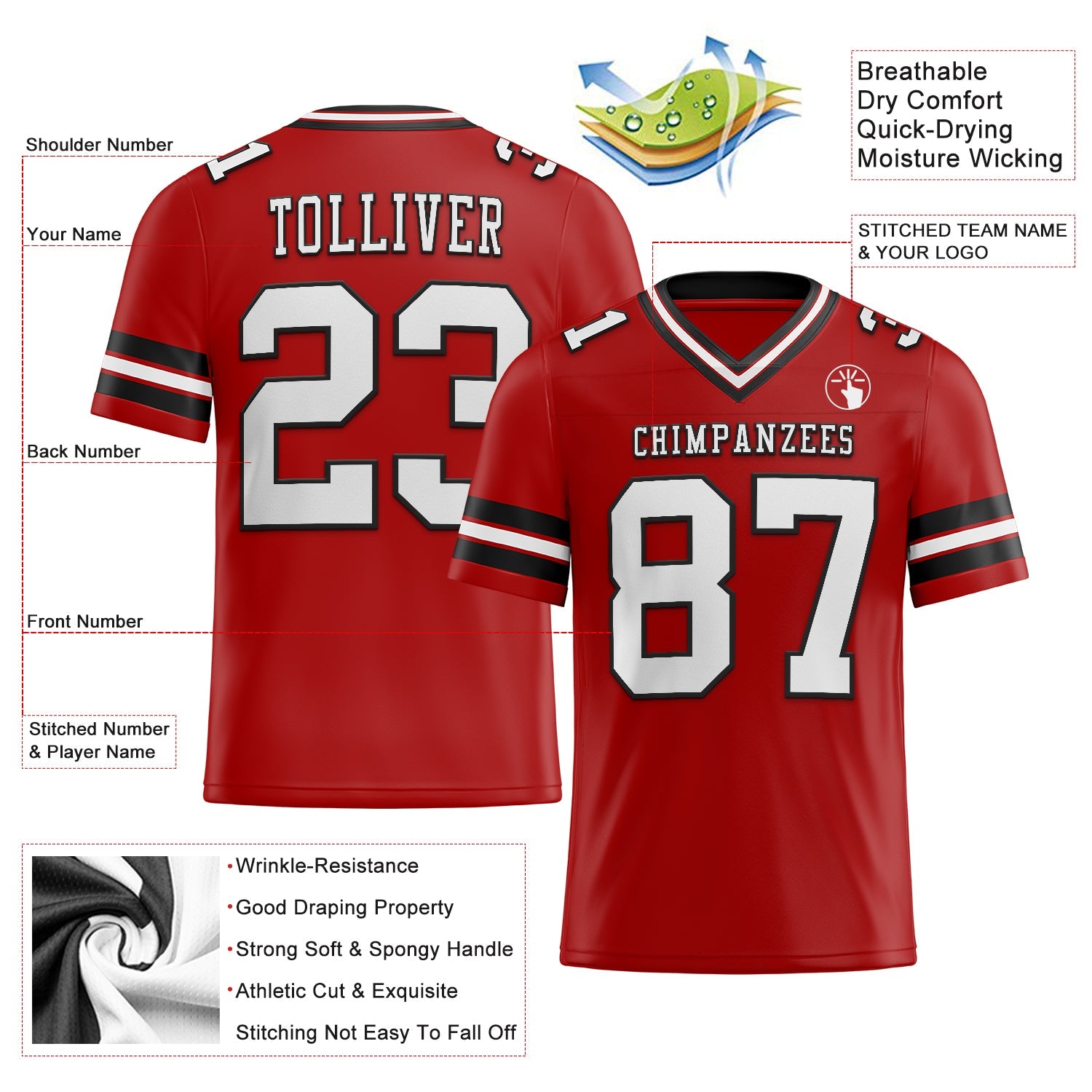 Custom Red White-Black Authentic Football Jersey view 2