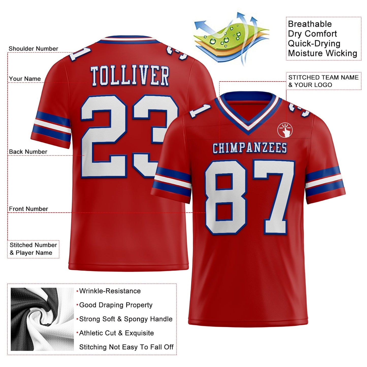 Custom Red White-Royal Authentic Football Jersey view 2