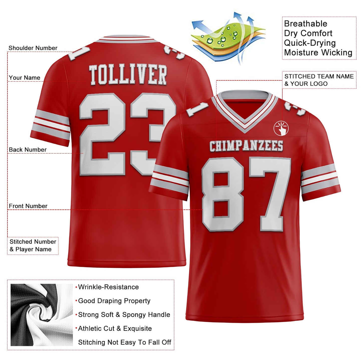 Custom Red White-Gray Authentic Football Jersey view 2