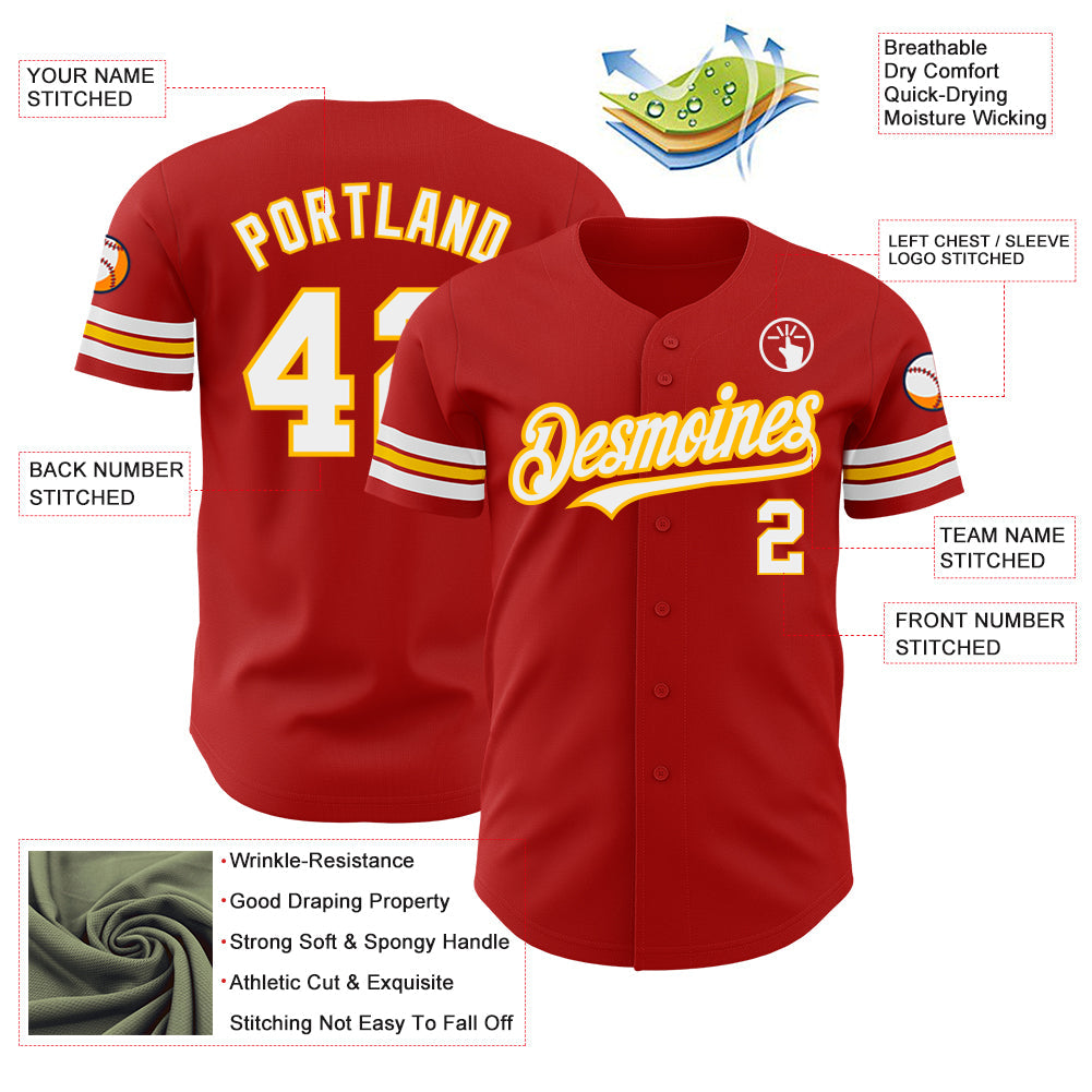 Custom Red White-Gold Authentic Baseball Jersey view 3