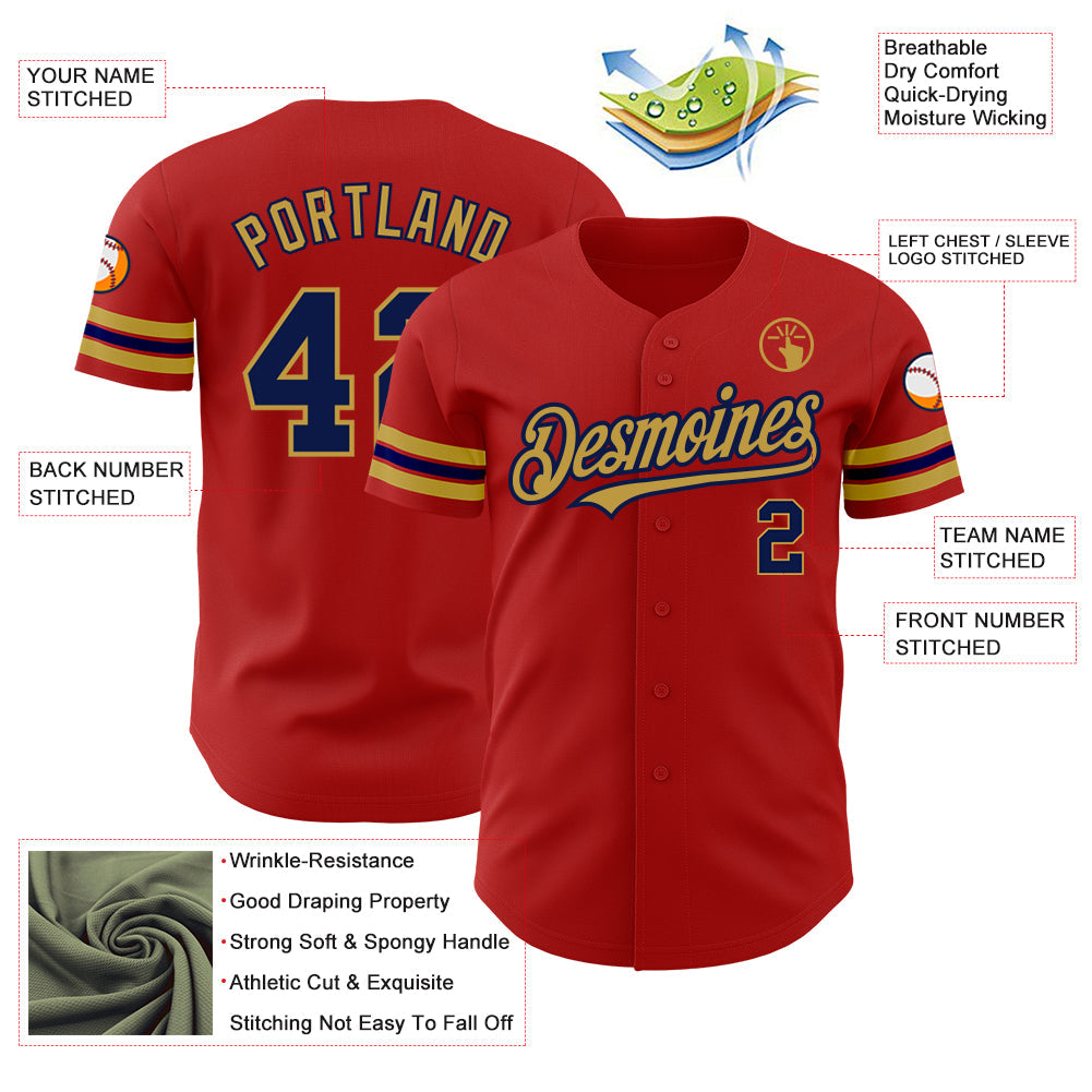 Custom Red Navy-Old Gold Authentic Baseball Jersey view 3