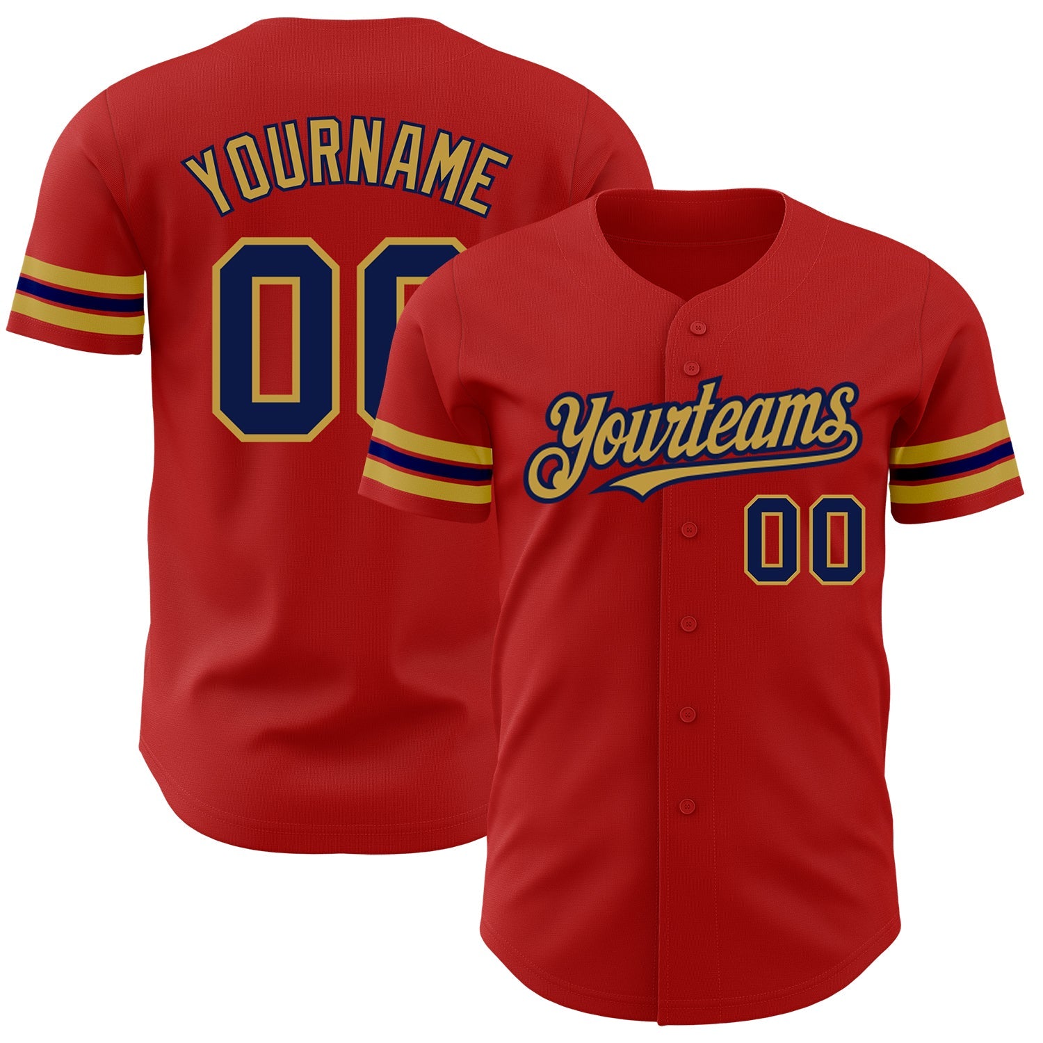 Custom Red Navy-Old Gold Authentic Baseball Jersey - Main View