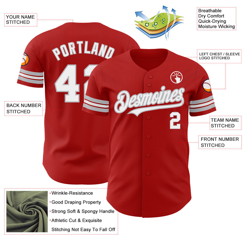 Custom Red White-Gray Authentic Baseball Jersey view 3