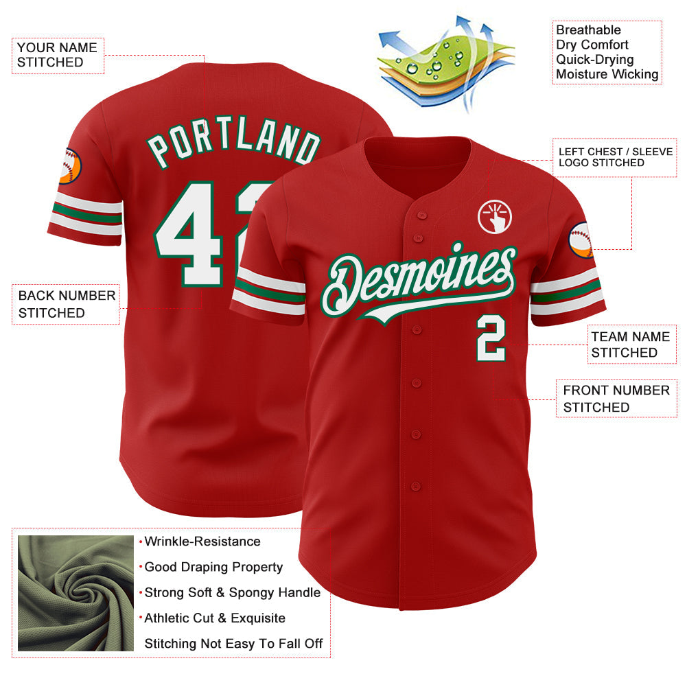 Custom Red White-Kelly Green Authentic Baseball Jersey view 3