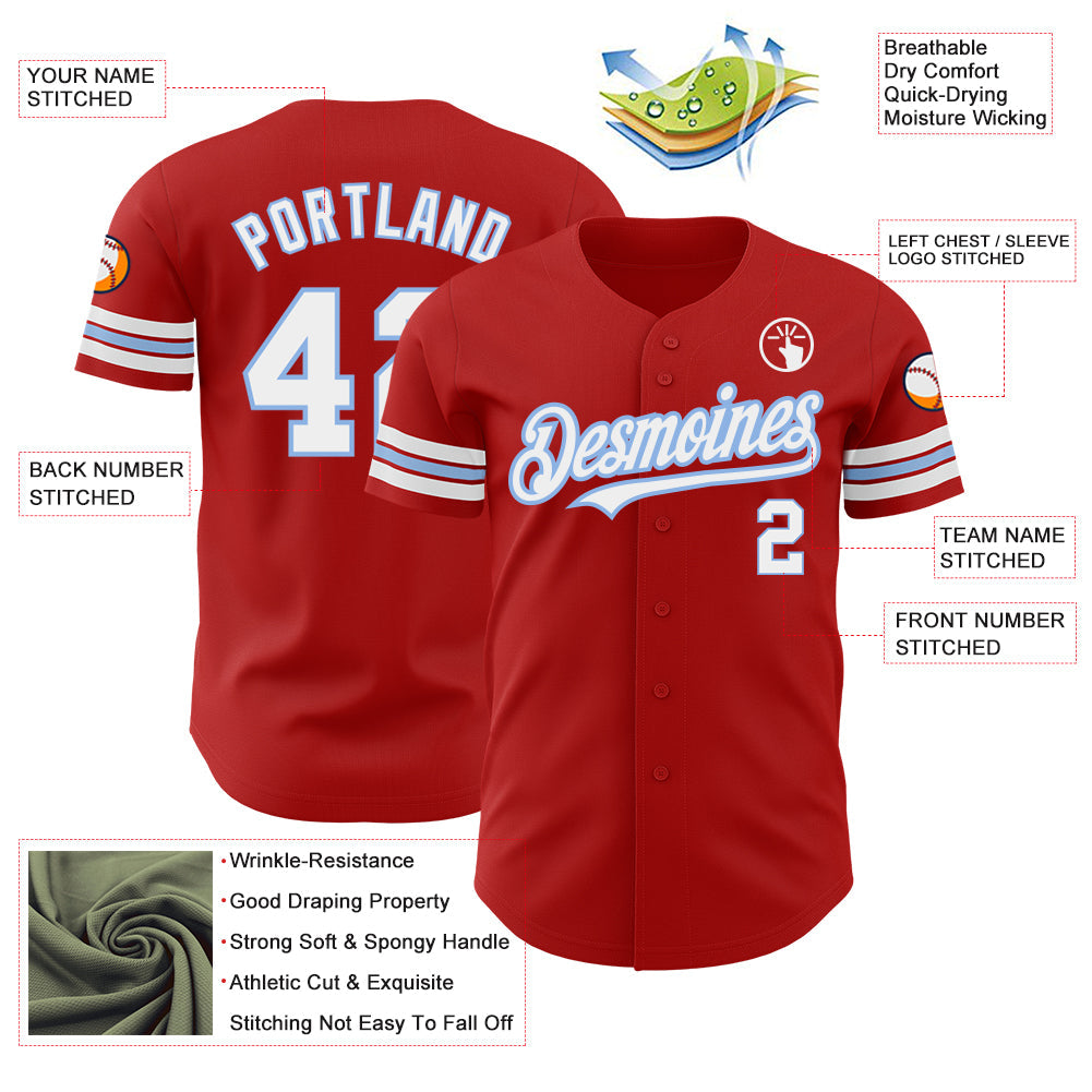 Custom Red White-Light Blue Authentic Baseball Jersey view 3