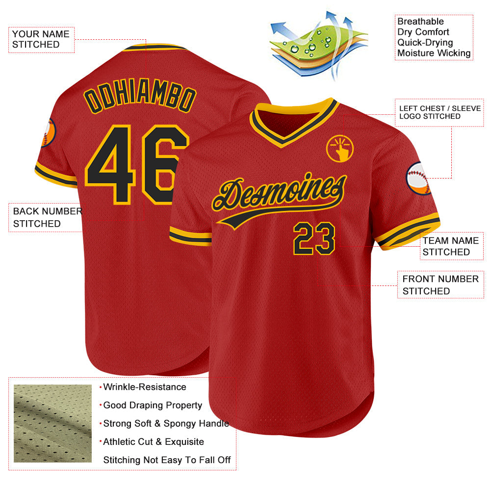 Custom Red Black-Gold Authentic Throwback Baseball Jersey view 3