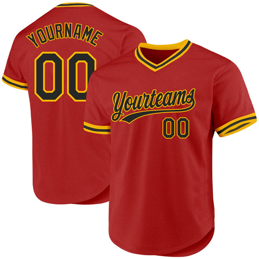 Custom Red Black-Gold Authentic Throwback Baseball Jersey - Main View