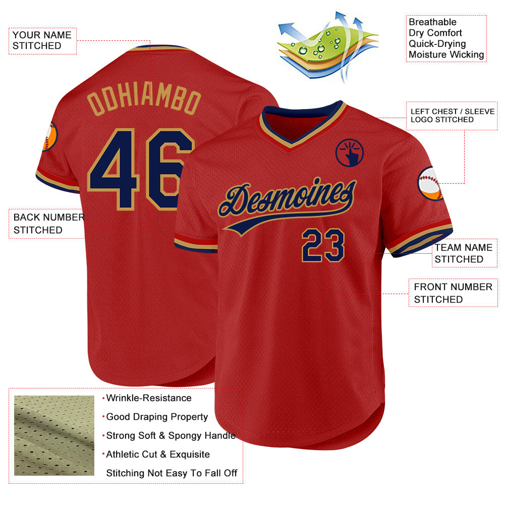 Custom Red Navy-Old Gold Authentic Throwback Baseball Jersey view 3