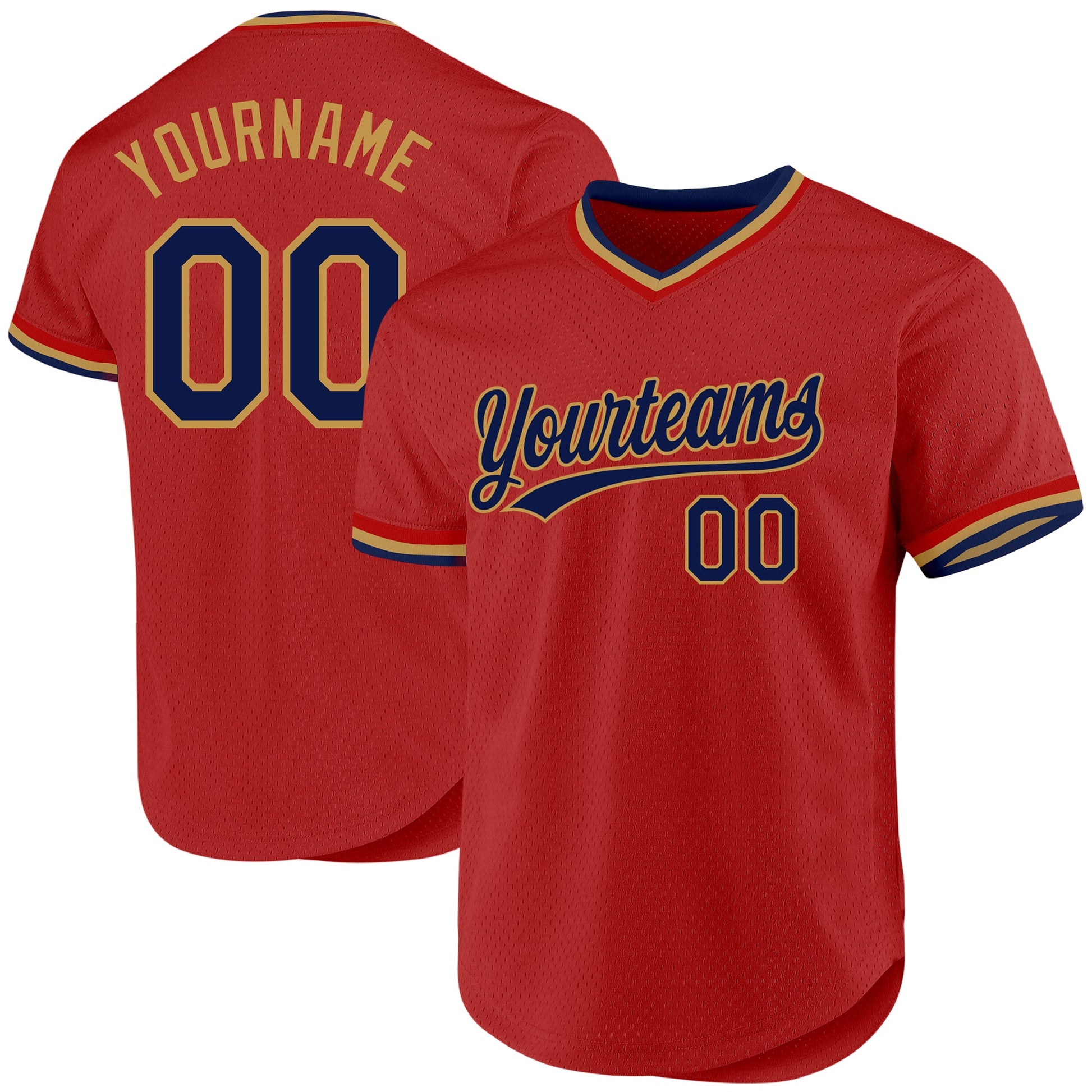 Custom Red Navy-Old Gold Authentic Throwback Baseball Jersey - Main View