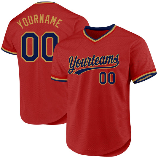 Custom Red Navy-Old Gold Authentic Throwback Baseball Jersey - Main View