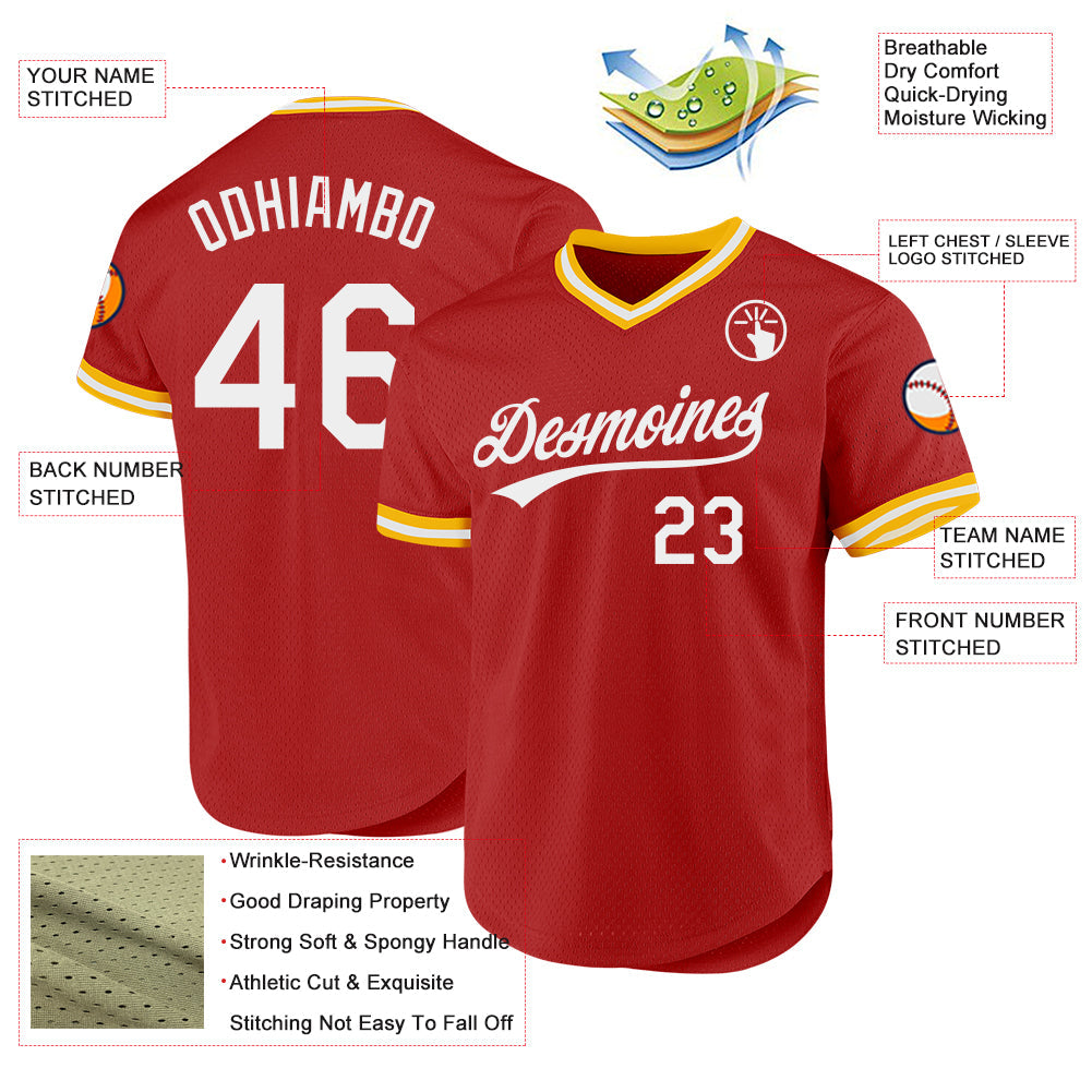 Custom Red White-Gold Authentic Throwback Baseball Jersey view 3