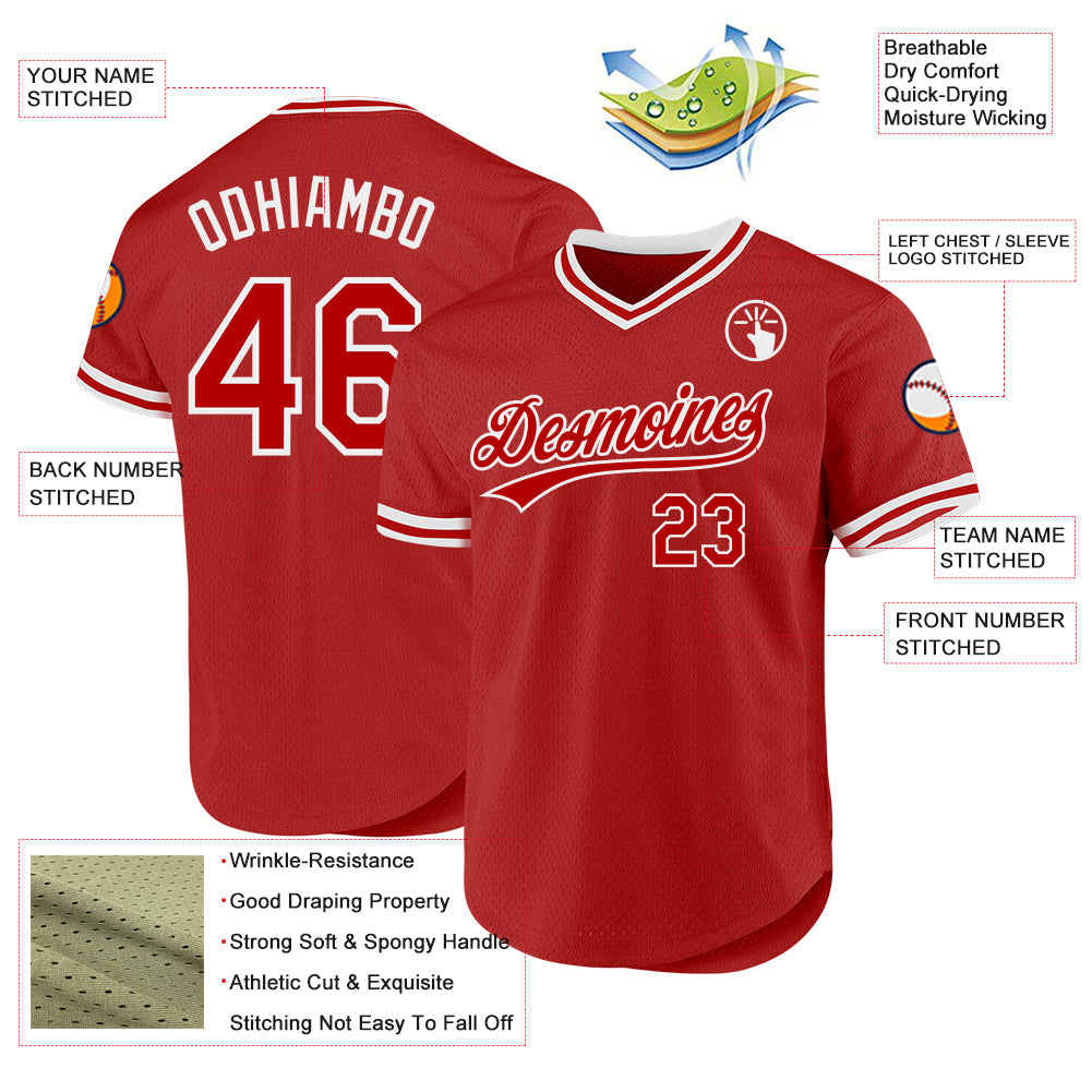 Custom Red White Authentic Throwback Baseball Jersey view 3