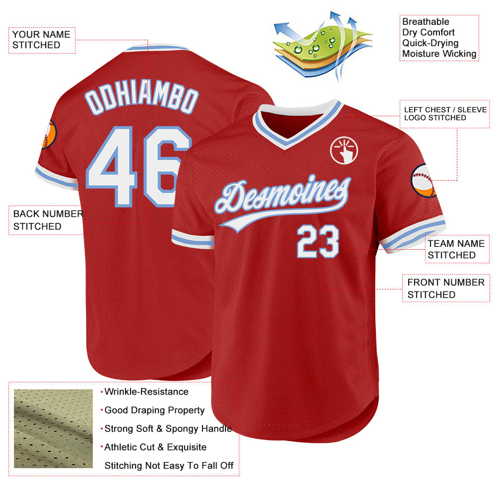 Custom Red White-Light Blue Authentic Throwback Baseball Jersey view 3