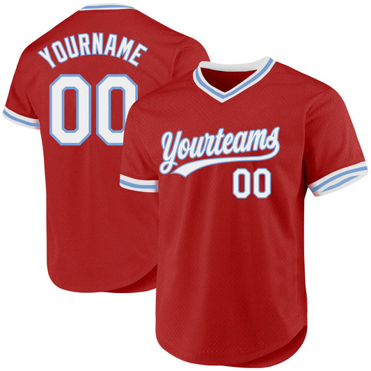 Custom Red White-Light Blue Authentic Throwback Baseball Jersey - Main View
