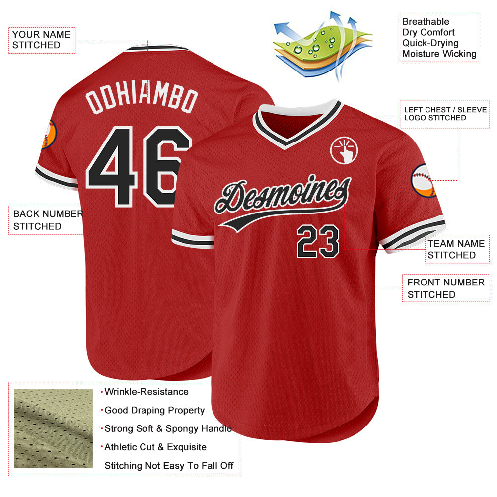Custom Red Black-White Authentic Throwback Baseball Jersey view 3