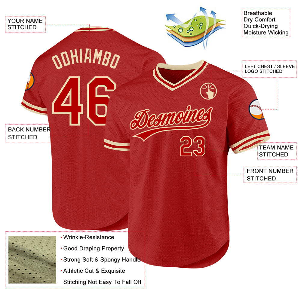 Custom Red Cream Authentic Throwback Baseball Jersey view 3