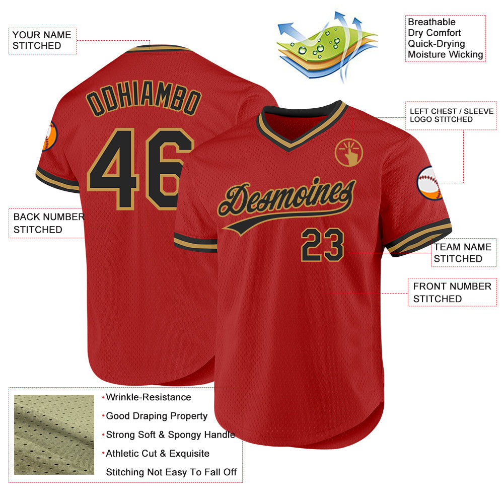 Custom Red Black-Old Gold Authentic Throwback Baseball Jersey view 3