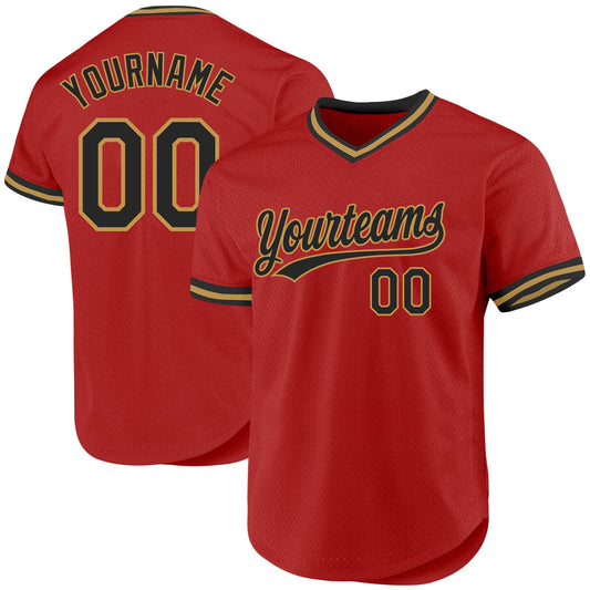 Custom Red Black-Old Gold Authentic Throwback Baseball Jersey - Main View