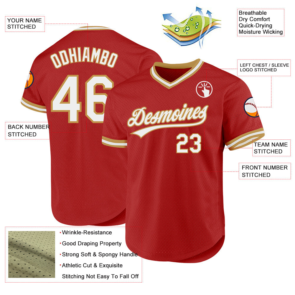 Custom Red White-Old Gold Authentic Throwback Baseball Jersey view 3