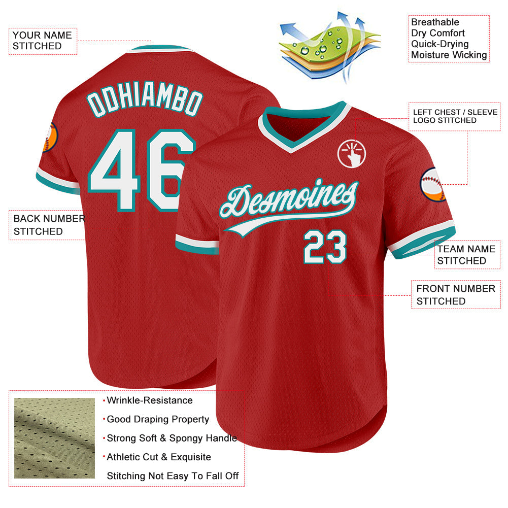 Custom Red White-Teal Authentic Throwback Baseball Jersey view 3