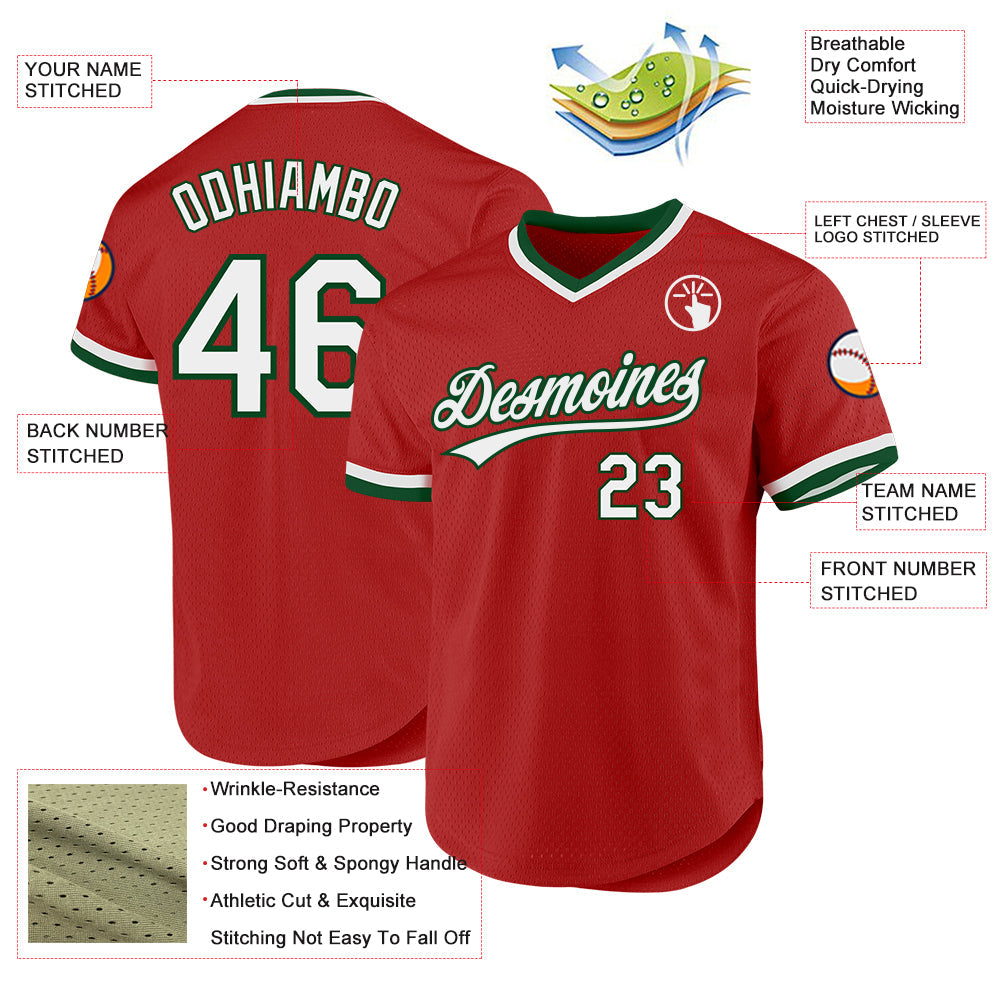 Custom Red White-Green Authentic Throwback Baseball Jersey view 3