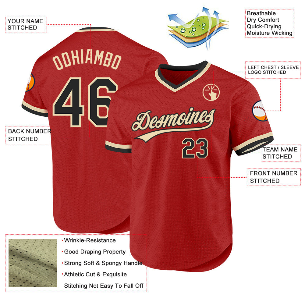 Custom Red Black-Cream Authentic Throwback Baseball Jersey view 3