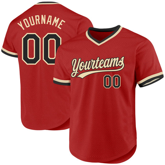 Custom Red Black-Cream Authentic Throwback Baseball Jersey - Main View