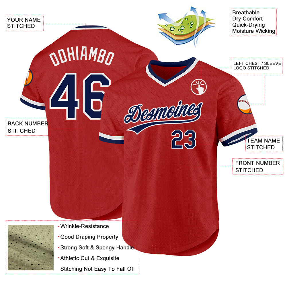 Custom Red Navy-White Authentic Throwback Baseball Jersey view 3