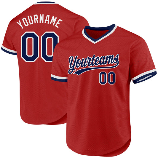 Custom Red Navy-White Authentic Throwback Baseball Jersey - Main View