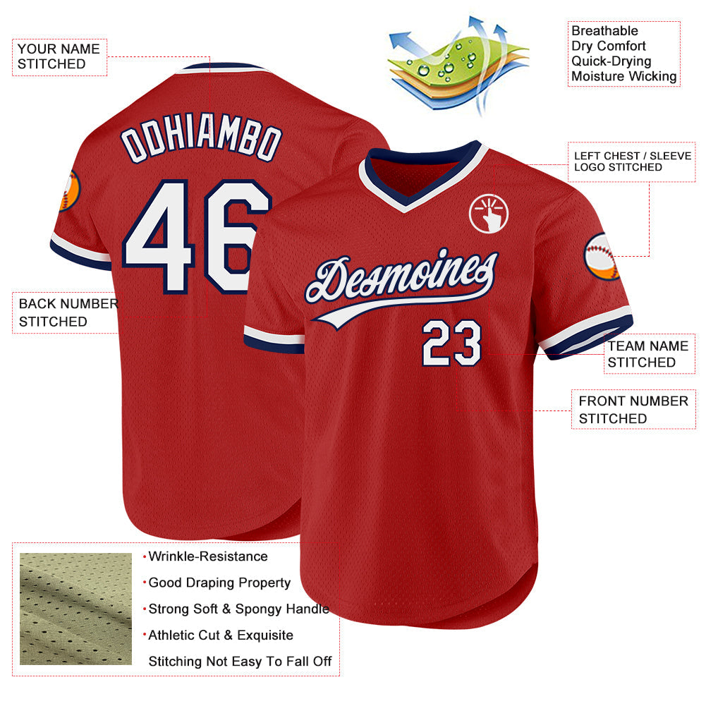 Custom Red White-Navy Authentic Throwback Baseball Jersey view 3