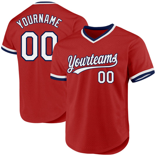 Custom Red White-Navy Authentic Throwback Baseball Jersey - Main View