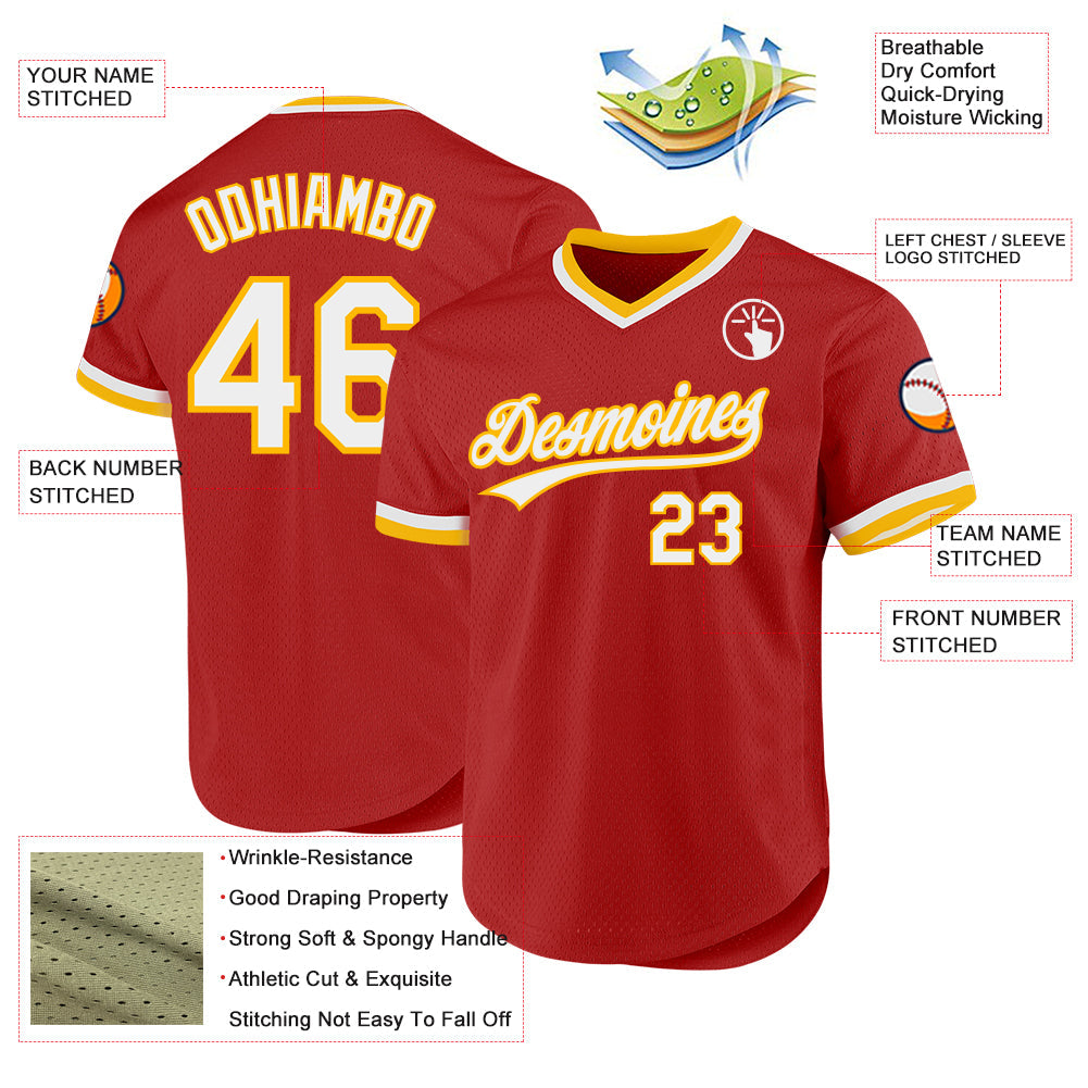 Custom Red White-Gold Authentic Throwback Baseball Jersey view 3