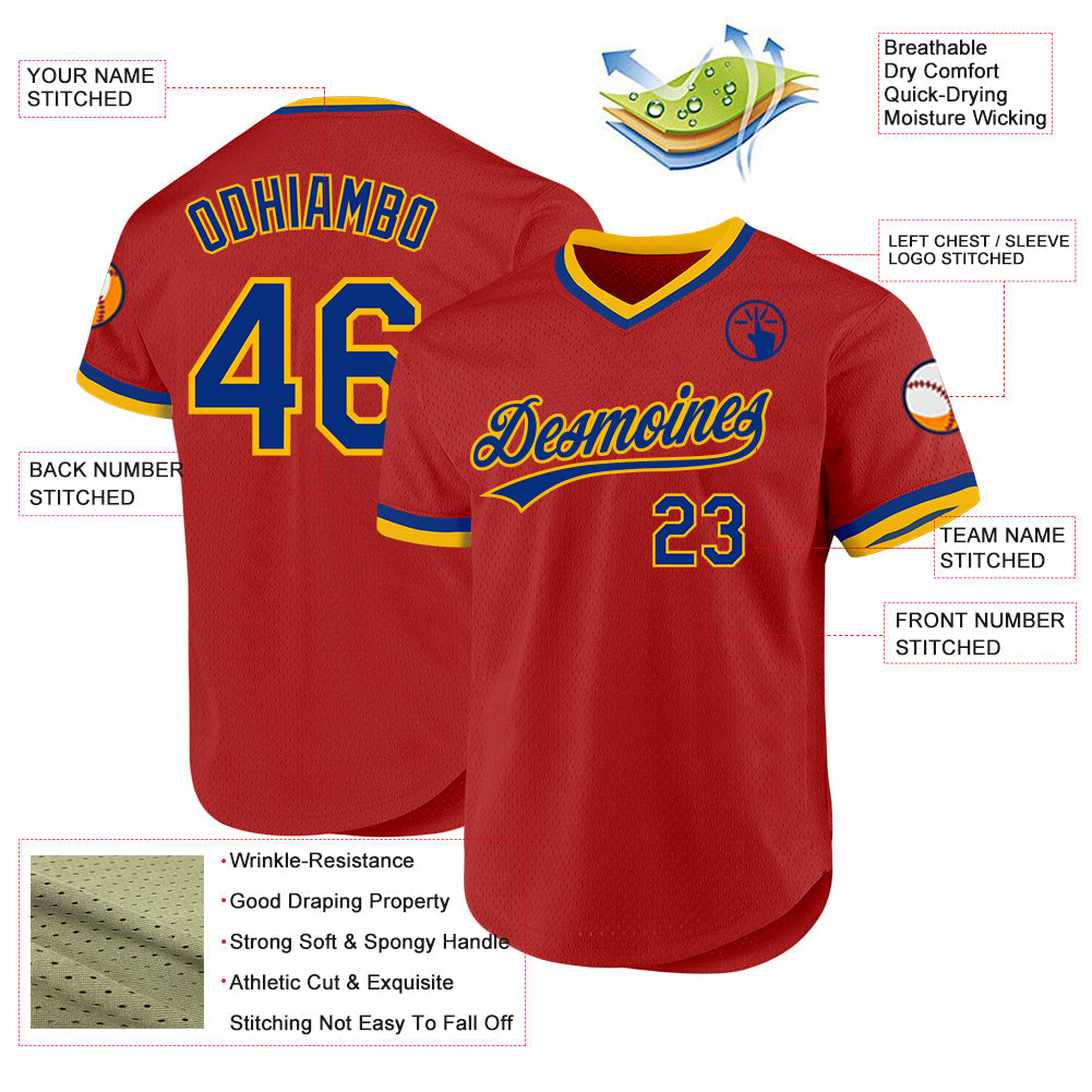 Custom Red Royal-Gold Authentic Throwback Baseball Jersey view 3