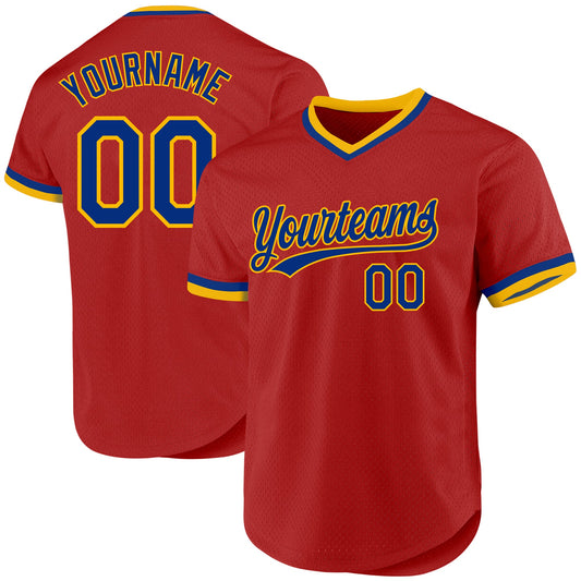 Custom Red Royal-Gold Authentic Throwback Baseball Jersey - Main View