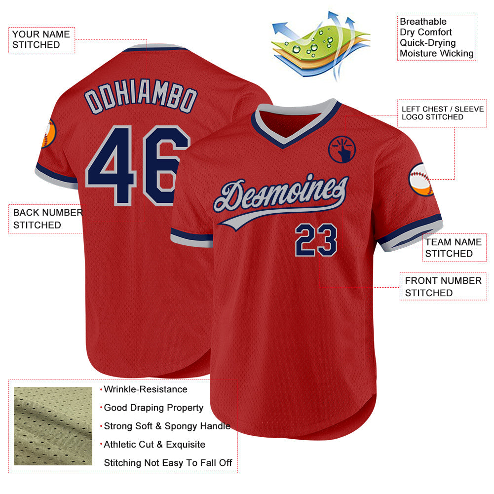 Custom Red Navy-Gray Authentic Throwback Baseball Jersey view 3