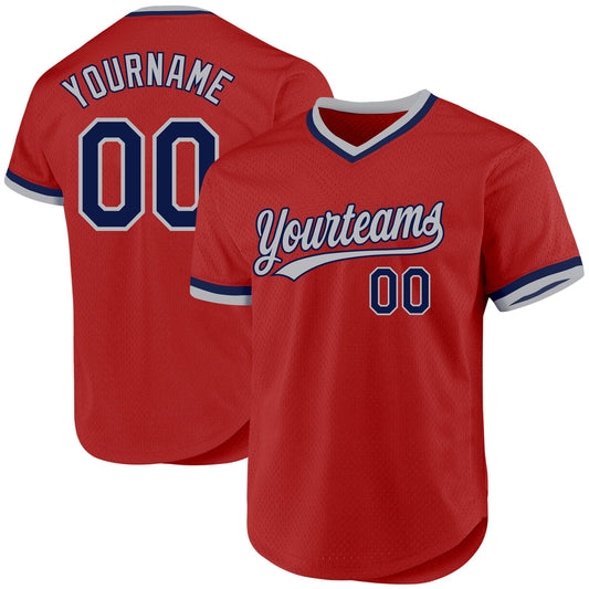 Custom Red Navy-Gray Authentic Throwback Baseball Jersey - Main View