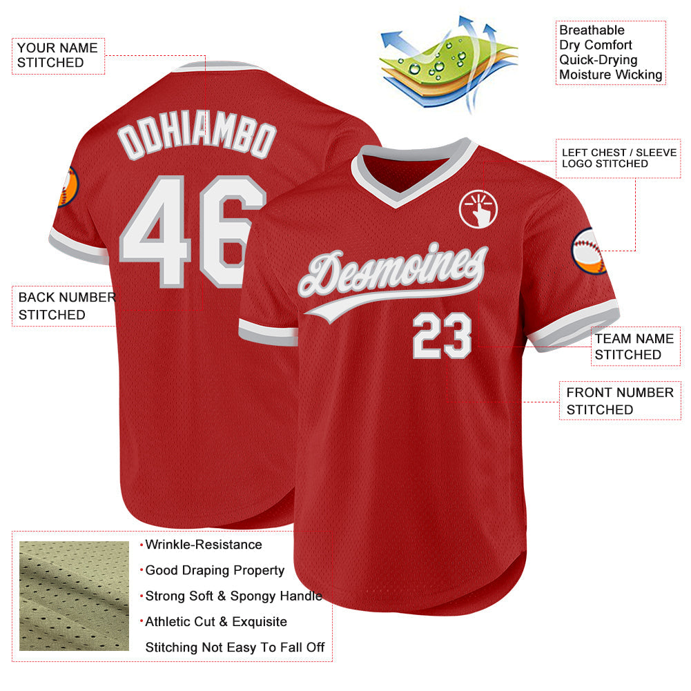 Custom Red White-Gray Authentic Throwback Baseball Jersey view 3