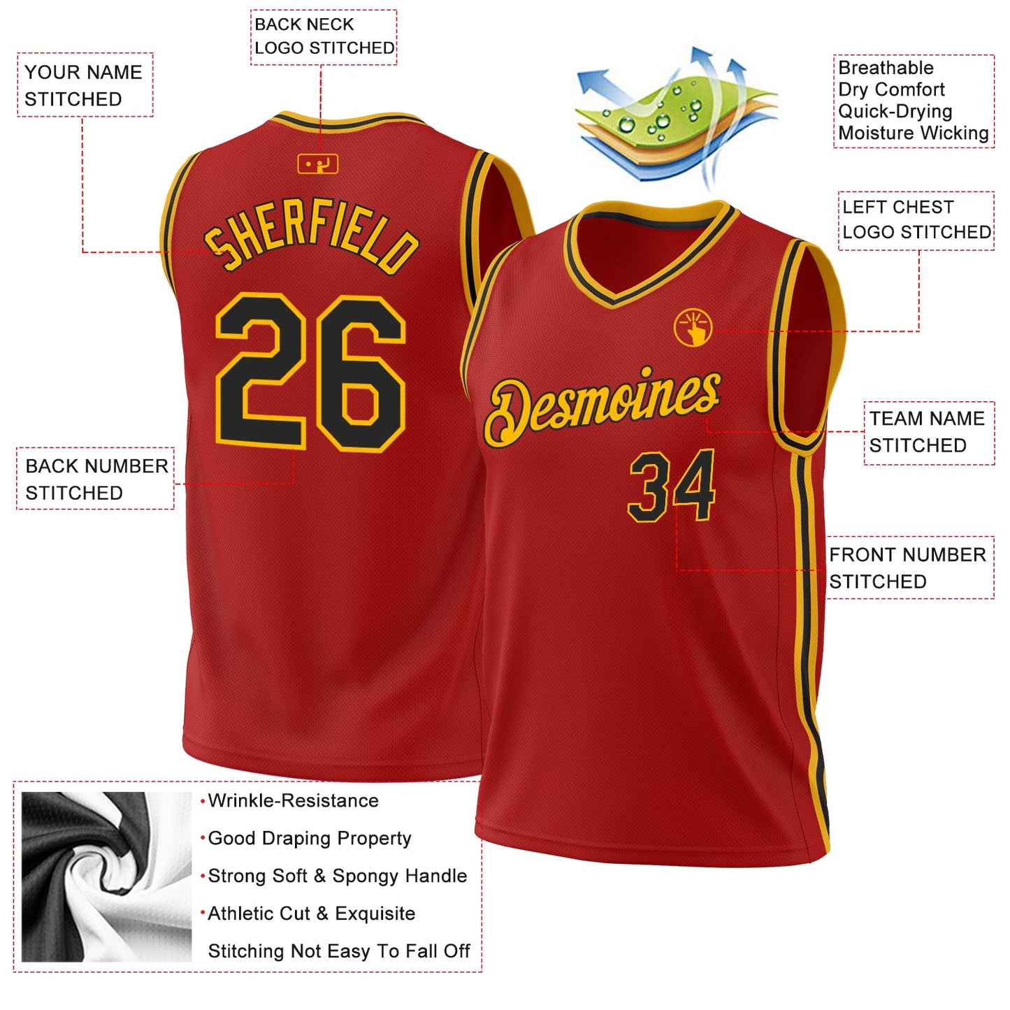 Custom Red Black-Gold Authentic Throwback Basketball Jersey view 3
