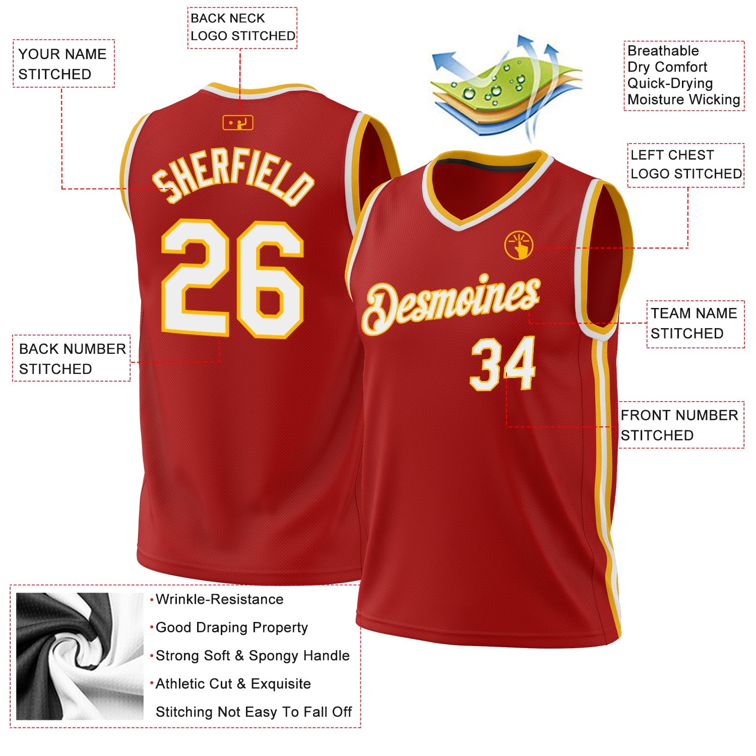 Custom Red White-Gold Authentic Throwback Basketball Jersey view 3