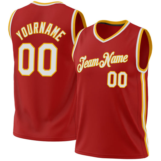 Custom Red White-Gold Authentic Throwback Basketball Jersey - Main View