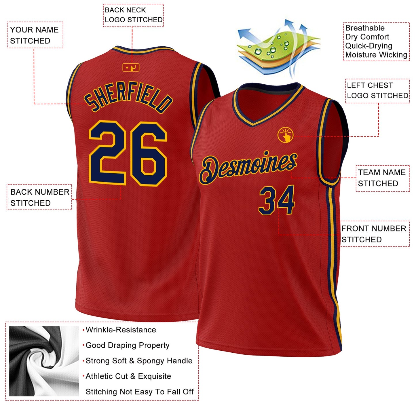 Custom Red Navy-Gold Authentic Throwback Basketball Jersey view 3
