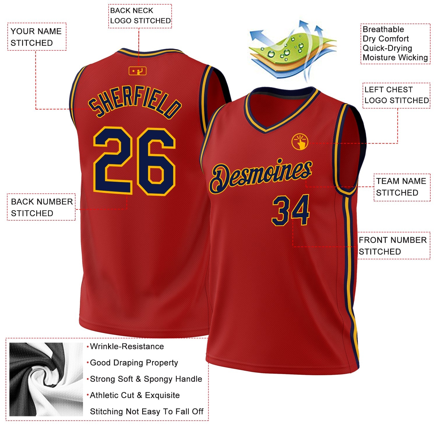 Custom Red Navy-Gold Authentic Throwback Basketball Jersey view 3